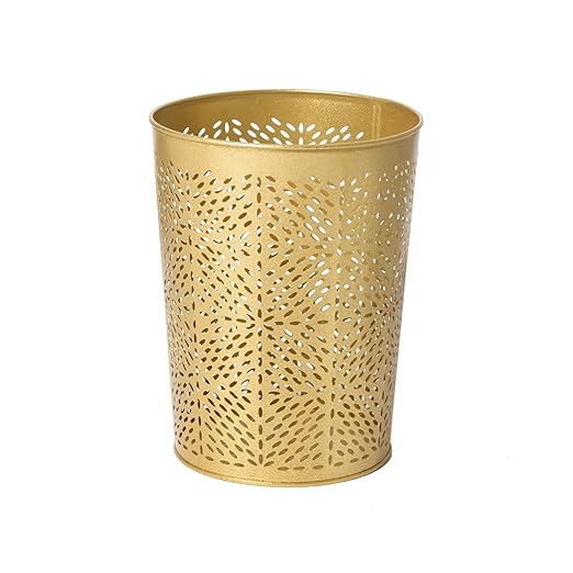 Small Gold Metal Trash Can Wastebasket, Decorative Hollow-Out Garbage Can Waste Paper Bin, Modern Farmhouse Round Trash Bin for Bathroom, Bedroom, Kitchen and Office (Floral)