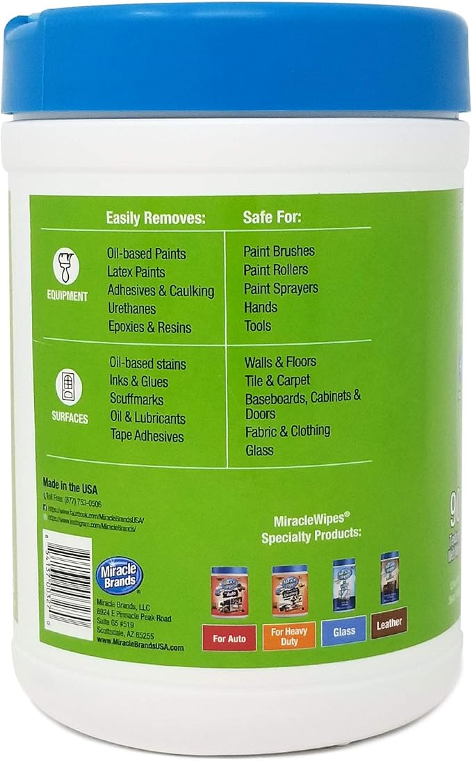 MiracleWipes for Paint Prep & Cleanup, Remove Tough Grime Build-Up, Wet Paint, Caulking, Epoxy, Colorant, and more from Hands, Surfaces, & Tools - 60 Count