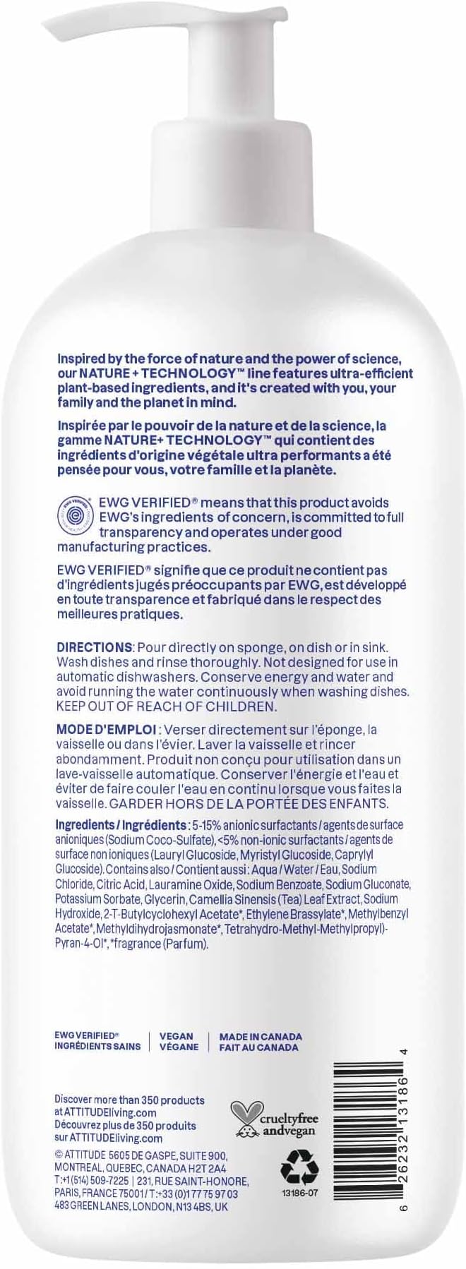 ATTITUDE Dish Soap, EWG Verified, Plant-Based & Vegan Dishwashing Liquid, Naturally Derived, Pink Grapefruit Scent, 33.8 Fl Oz