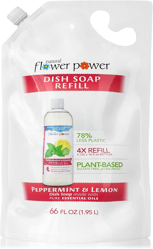 Natural Flower Power Liquid Dish Soap Refill – 66 Fl Oz Refills 4X – Plant-Based & Scented w/Pure Essential Oils – Natural Dishwashing Detergent – Sulfate-Free Kitchen Soap (Peppermint & Lemon)