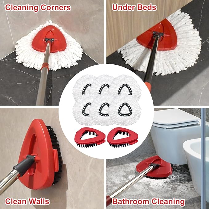 Mop Head Replacement Compatiable with Ocedar EasyWring 1-Tank System,Mircofiber Mop Heads Refill and Scrub Brush for O Cedar Easywring Spin Mop, 6 Pack Mop Refills & 2 Scrubber Head to Floor Cleaning