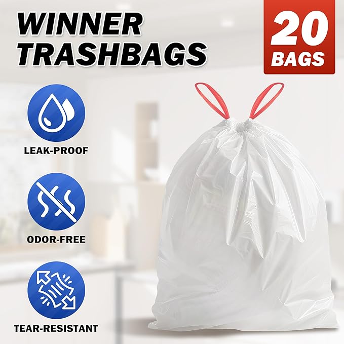 WINNER Trash Bags 13 Gallon, 20 Count Drawstring Tall Kitchen Garbage Bags, Unscented White Plastic Bags, Trash Can Wastebasket Bin Liners for Bathroom Apartment Office Home & Kitchen