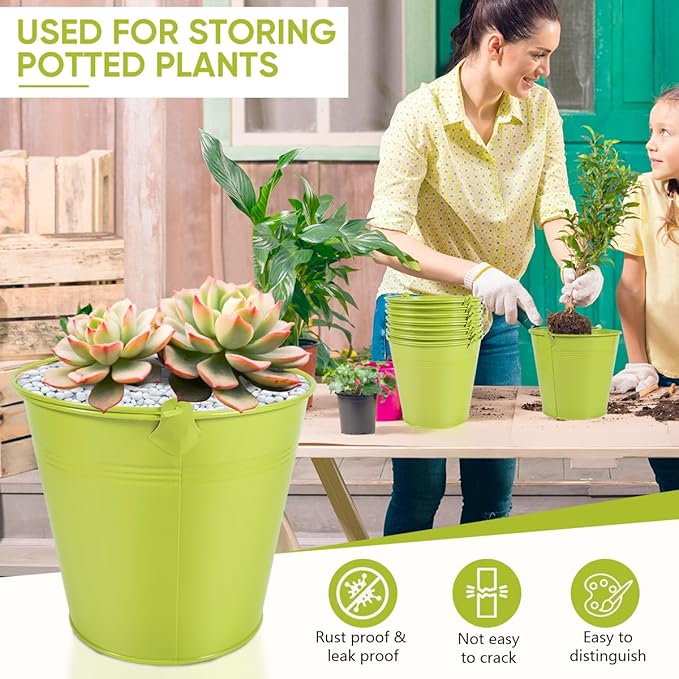 OBTANIM 7 Pack Green Metal Buckets with Handle Galvanized Ice Pails for Plants, Succulents, Party Favors Organizing, Rustic Home Decor or Classrooms Pencil Storage (6 x 4.4 inch)
