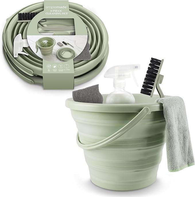 SIMPLEMADE Collapsible Bucket Cleaning Set - Includes 2 Foldable Buckets, Spray Bottle, Rag, Scrubbing Brush and Sponge - Holds Up to 10 liters, Easy Storage, All-Purpose Cleaning Solution