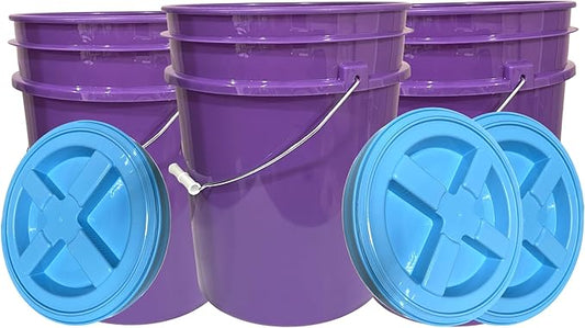 House Naturals 5 Gallon Purple Food Grade Plastic Bucket with Screw on Gamma lid, BPA Free, Made in USA (Pack of 3) (Purple Bucket with Aqua lids)