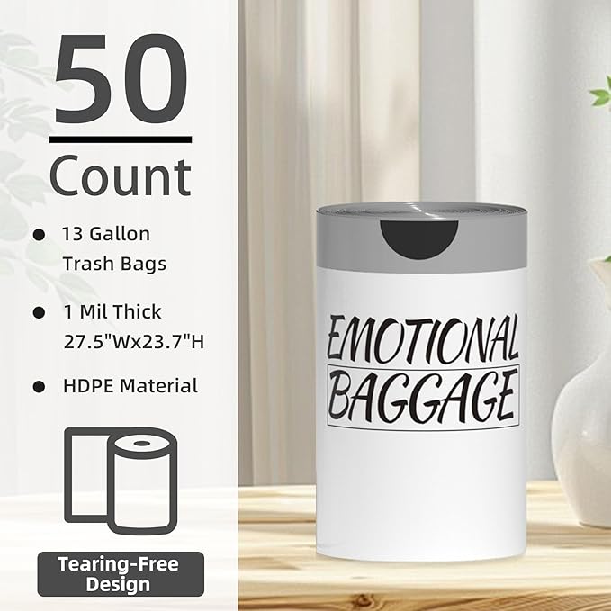 13 Gallon Trash Bags Drawstring, 50 Count Tall Kitchen Trash Bags, Sturdy Large Trash Bags, Emotional Baggage Printed Garbage Bags 13 Gallon Tall Kitchen, Tear Resistant Kitchen Garbage Bags