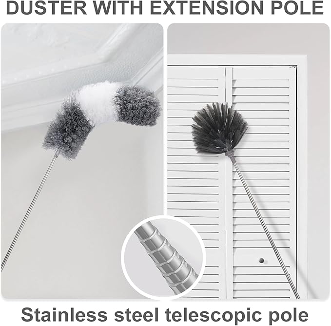 5Pcs Dusters for Cleaning, with Microfiber Duster, Ceiling Fan Brush, Cobweb Duster, 100in Stainless Steel Extension Pole, Bendable Extendable Duster for High Ceilings, Gap Dust Wet or Dry