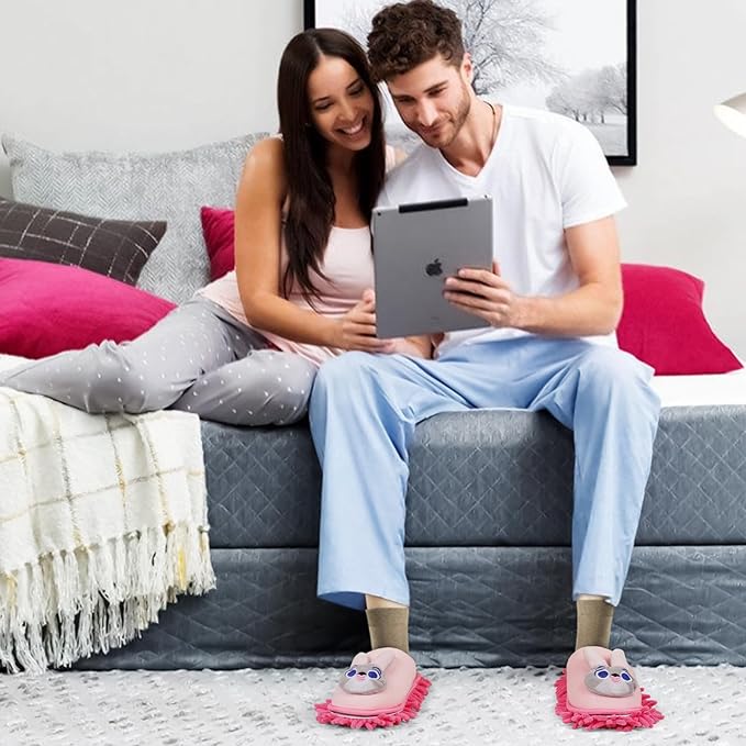 Liitrton Mop Slippers Cartoon Mop Shoes, Washable Microfiber Slippers for Floor Cleaning, Detachable Mopping Slippers for Women Home Floor Cleaning Tools (Pink Rabbit, Women 7-9/Men 5-7)