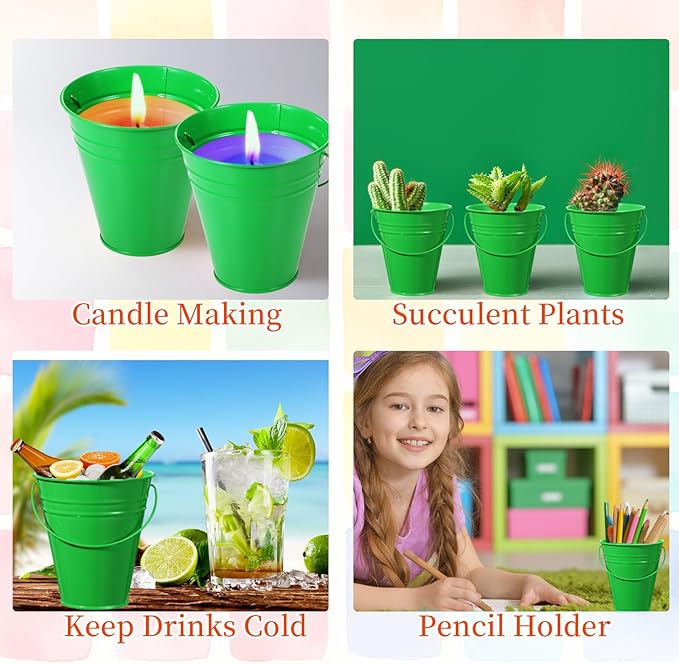 Sadnyy 12 Pack Metal Buckets with Handle, Galvanized Bucket 4.5 x 5 Inch Basket Bucket Party Supplies, Crafts for Christmas Halloween Candy Bars Vase Crafts(Green)