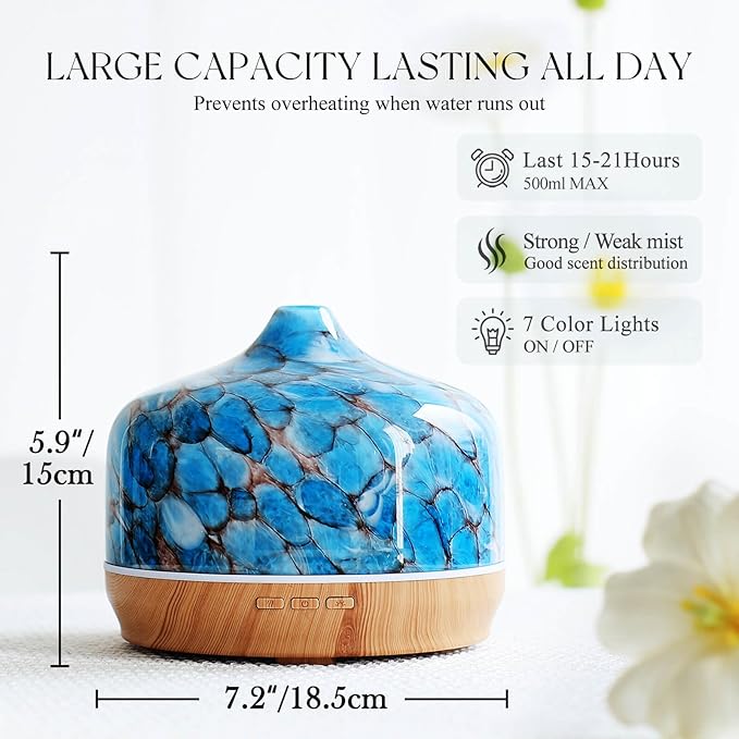 Porseme 500ml Glass Essential Oil Diffuser Aromatherapy Ultrasonic Cool Mist Humidifier 15-21 Running Hours Waterless Auto-Off Air Diffusers for Sleeping Yoga Office Working Spa and Rest (Light Blue)