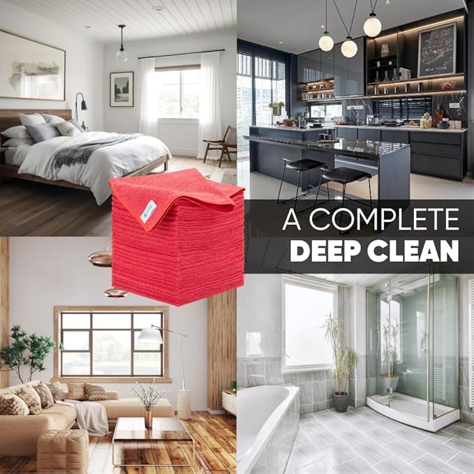 Microfiber Wholesale 16" x 16" All Purpose Microfiber Towels - 50 Pack Reusable Wash Cloths, Dust, Kitchen, Car, Shop Rags for Cleaning (Red)