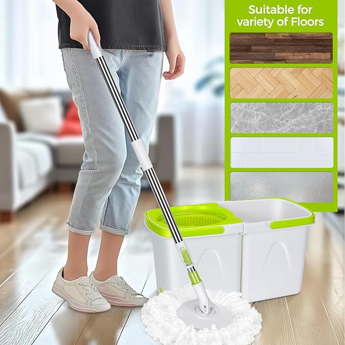 Spin Mop and Bucket,Masthome Mop and Bucket Set with Wringer.4L Detachable Bucket Small,Separate Clean and Dirty Water,Adjustable 50" Handle,3 Microfiber Pads for Wet/Dry Hardwood Tile Floor Cleaning