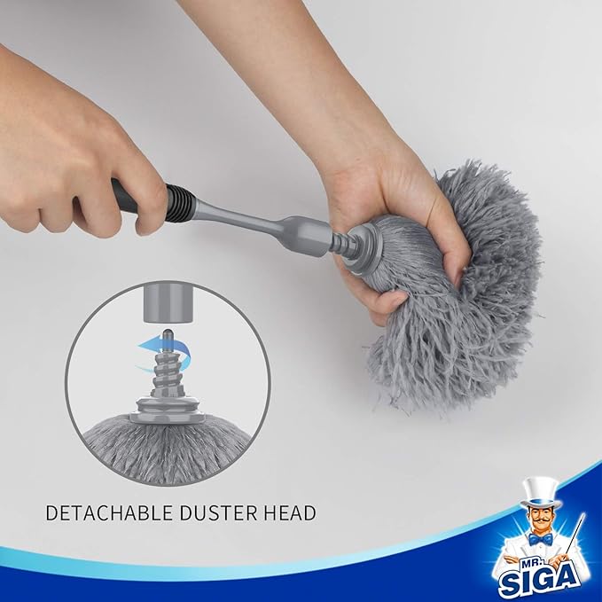 MR.SIGA Microfiber Delicate Duster, Comfortable Non Slip Handle, Detachable Washable Duster Head, Gray & Black