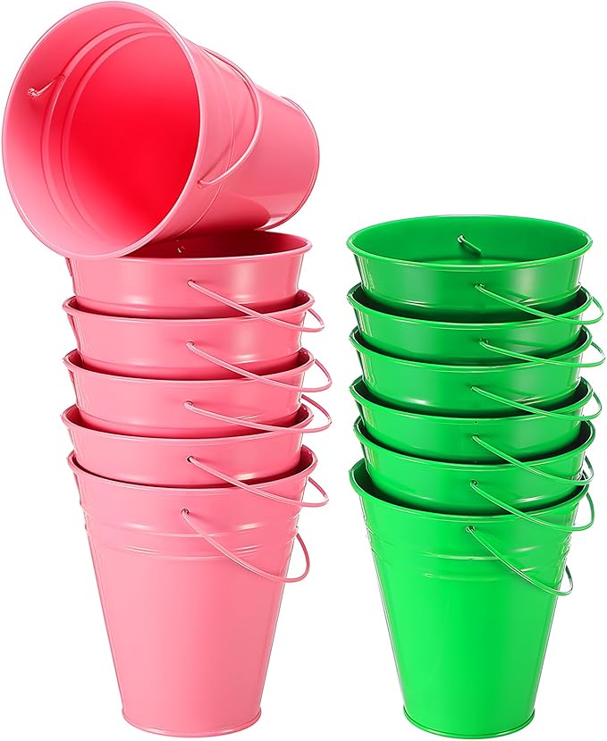 Sadnyy 12 Pack Metal Buckets with Handle, Galvanized Bucket 4.5 x 5 Inch Basket Bucket Party Supplies, Crafts for Christmas Halloween Candy Bars Vase Crafts(Pink Green)