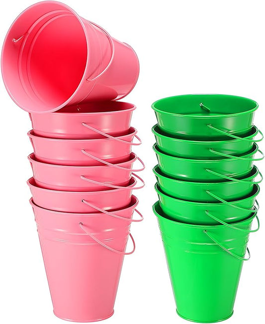 Sadnyy 12 Pack Metal Buckets with Handle, Galvanized Bucket 4.5 x 5 Inch Basket Bucket Party Supplies, Crafts for Christmas Halloween Candy Bars Vase Crafts(Pink Green)