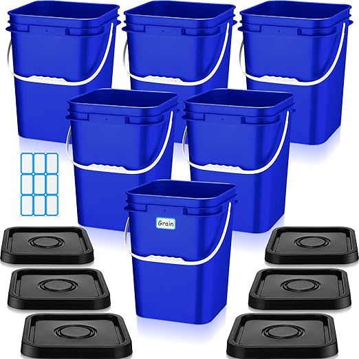 Vesici 6 Pcs 5 Gallon Food Grade Square Buckets with Lids 5 Gal Plastic Food Storage Square Bucket Heavy Duty Industrial Pail Container with DIY Label Stickers Handles for Water Painting(Blue)