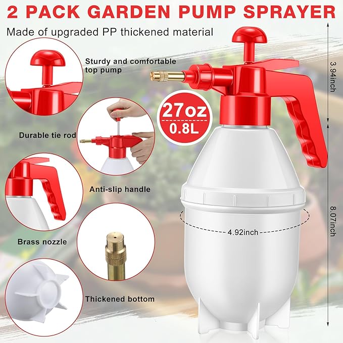 2 Pcs 27 oz Handheld Pump Spray Bottle Garden Spray Bottles Lawn Pressure Hand Pump Sprayer with Adjustable Nozzle for Chemicals Watering Weeds Garden and Car Detailing & Washing (Red)