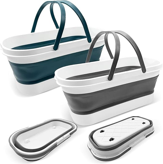 2 Pack Collapsible Plastic Bucket, Large Foldable Cleaning Mop Container, 3.17 Gal Rectangular Portable Water Pail with Handle for House Laundry Fishing Camping Car Washing Storage Green, Grey