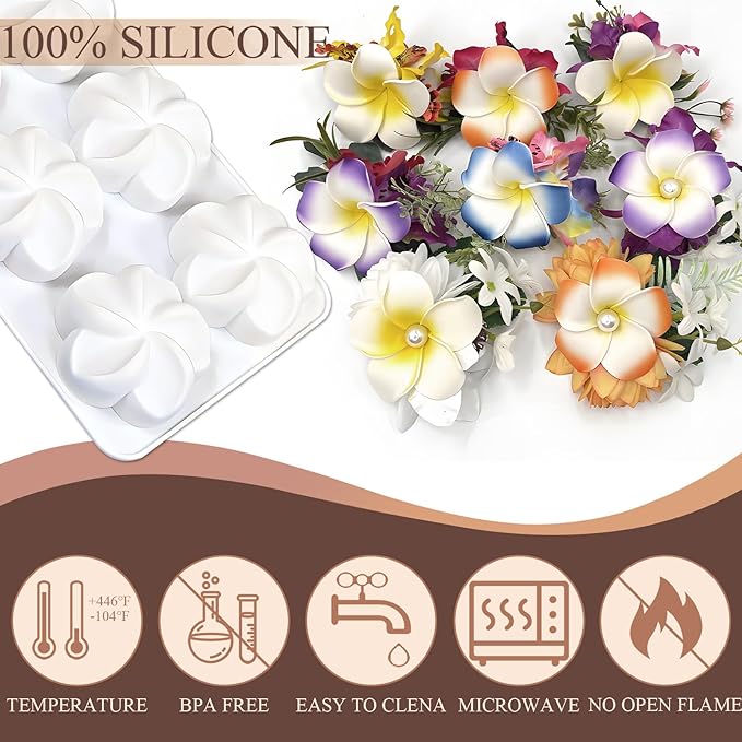 Frangipani Flowers Silicone Mold Chocolate, Plumeria Mousse Molds for Baking 2 Packs 12-Cavity 8.6" x 5.5" x 0.94" for Frangipani Cheesecakes Candy Desserts