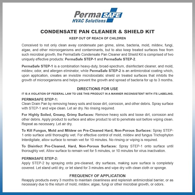 PermaSafe HVAC Solutions, Condensate Pan Cleaner & Shield Kit, HD Disinfectant Cleaner, Odor, Allergen, Mold and Mildew Eliminator, and Long-Term Antimicrobial Shield.