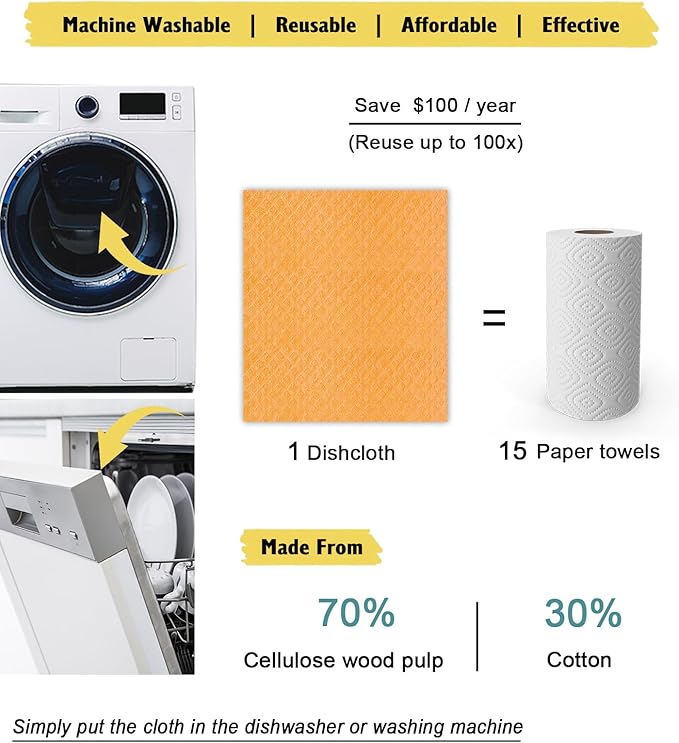 Swedish Dishcloths - 10 Pack Reusable Kitchen Dishcloths - Ultra Absorbent Dish Towels for Washing Dishes - Cellulose Sponge Cloth Cleaning Cloths - Orange