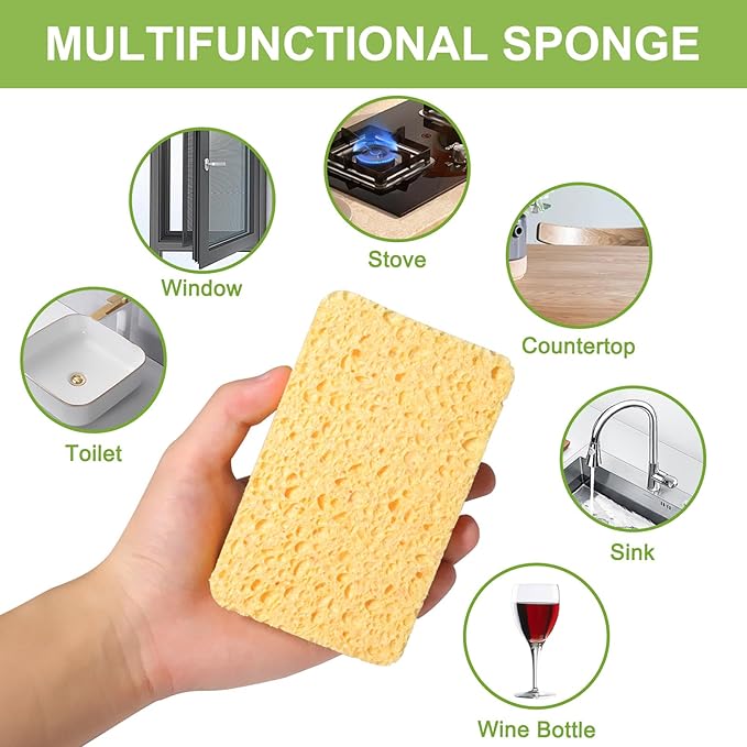 12 Pack Non-Scratch Scrub Sponge, Natural Kitchen Sponges for Cleaning Kitchen, Scratch Free Biodegradable Sponges for Dishes, No-Stick Cookware