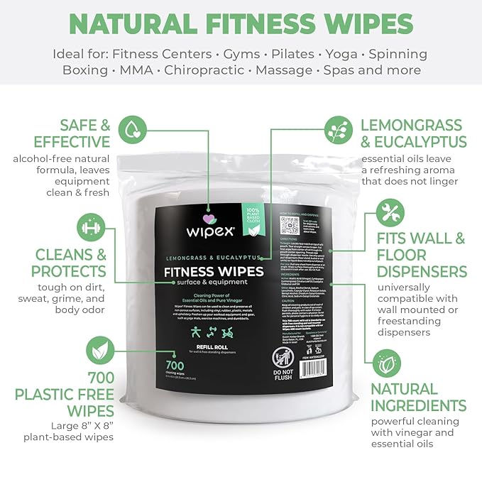 Wipex Plant Based Gym Wipes Dispenser Refill - 1400 Count 8"x8" Fitness Equipment Wipes with Cleaning Vinegar, Lemongrass & Eucalyptus, Quality Gym Wipes for Equipment & Surface Cleaner