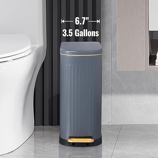 Slim Bathroom Trash Can with Soft Close Lid Stainless Steel Garbage Can Step Trash Bin with Removable Inner Bucket for Bedroom, Office, Kitchen (Matt Grey, 3.5 Gallons)