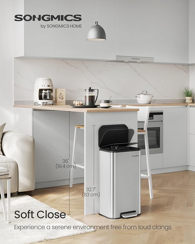 SONGMICS Kitchen Trash Can, 8-Gallon (30 L) Garbage Can with Lid, Stainless Steel, Soft Close and Stays Open, Inner Bucket, Wide Non-Slip Pedal, Metallic Silver ULTB546E01