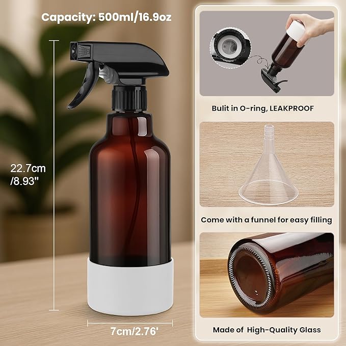Glass Spray Bottles with Silicone Sleeve 16.9oz 2 Pack Empty Spray Bottle for Hair Mist/Stream Spraying for Cleaning Solutions, Plants, Essential Oils (Brown-grey&white)