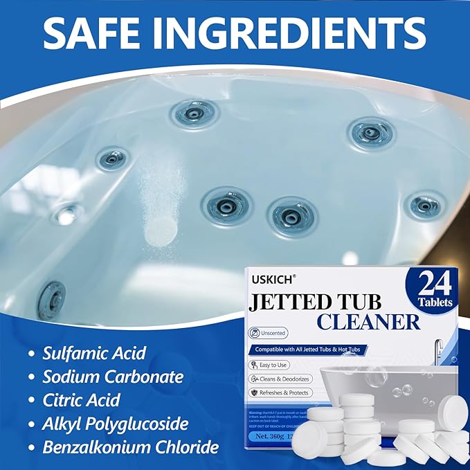 Jetted Tub Cleaner Bathtub Tabs - 24 Pack Jet Tub Cleaning Tablets,Jet Tub Cleaner for Bathtub Compatible with Spa Bath & Whirlpool,Septic Safe Bath Jet Scale and Residue Remover-2 Year Supply