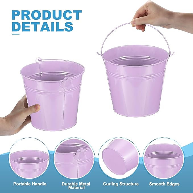 PATIKIL 5.9"x5.1" Small Metal Buckets with Handle, 6 Pcs Mini Galvanized Bucket Colorful Easter Buckets for Crafts Party Favors Decoration, Light Purple