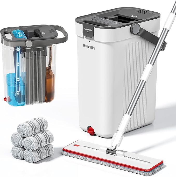 Mop and Bucket Set, Flat Mop and Bucket System with Separate Dirty and Clean Water, 3-Compartment Wall Cleaner Mop, Flat Mops for Floor Cleaning with 6 Microfiber Pads
