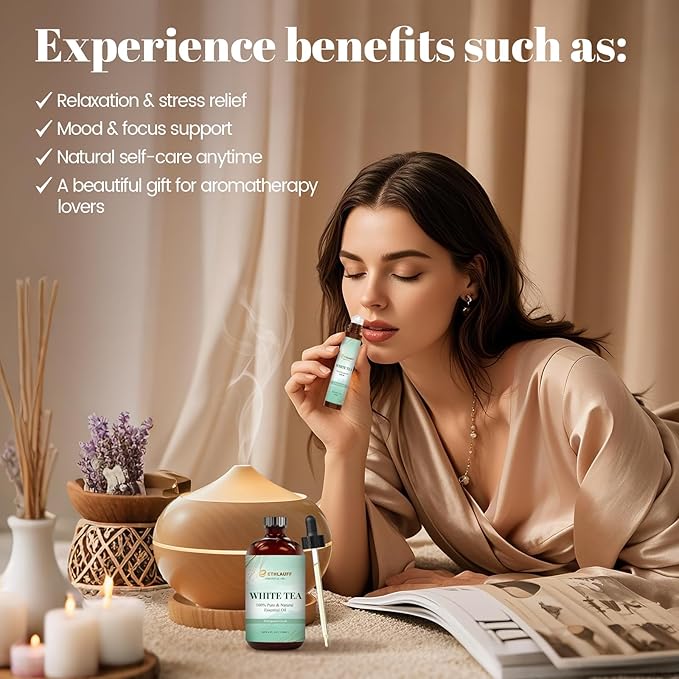 White Tea Diffuser Oil - White Tea Essential Oils for Diffuser Refill & Air Freshener Room Spray, Long-Lasting, Natural Home Fragrance and Scent for Diffusers(4 fl.oz Bottle + 0.34 fl.oz Roll-On)