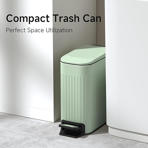 TIPGO Slim Bathroom Trash Can with Lid Soft Close, Step Pedal, 6 Liter / 1.6 Gallon Stainless Steel Trash Bin, Small Garbage Cans for Bedroom, Office, Kitchen (Green)
