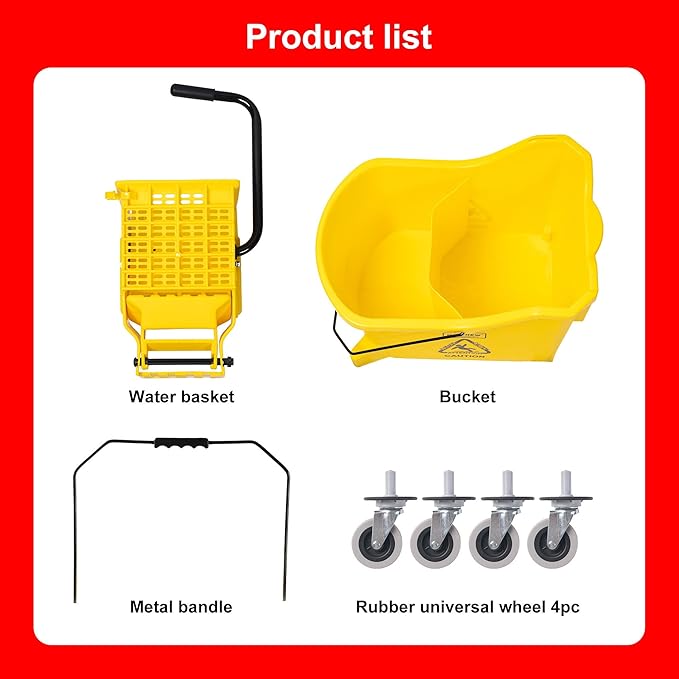 Matthew Cleaning 44Quart Commercial Mop Bucket INCL.Wet String Mop& 19'' Industrial Wet Floor Sign with Side Press Wringer On Wheels,Tandem Portable Floor Cleaning Wavebrake,Ideal for Household