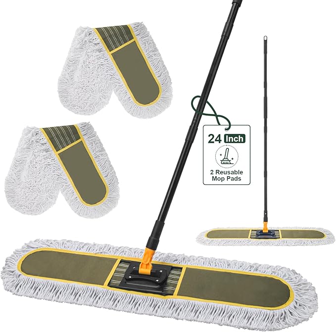 24" Commercial Dust Mops for Floor Cleaning with 2 Replacement Mop Pads, Heavy Duty Large Dust Mop for Hardwood Floors, Industrial Wet Dry Floor Duster for Office Garage Warehouse Factory Mall