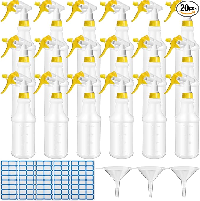 Eccliy 20 Pack 16oz Empty Spray Bottles, Leakproof Cleaning Bottles with Measurement and Adjustable Nozzle for Housekeeping, Commercial Use(Cylinder,Yellow Spray Head)