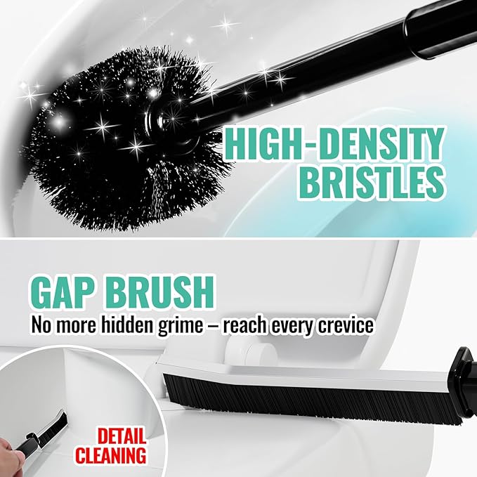 3 in 1 Toilet Brush and Plunger Set with Crevice Cleaning Brush, Toilet Plunger and Brush Set with Extra Long Handle, Plungers for Bathroom Accessories, Toilet Plunger Abrasive Spiral Brushes, Black