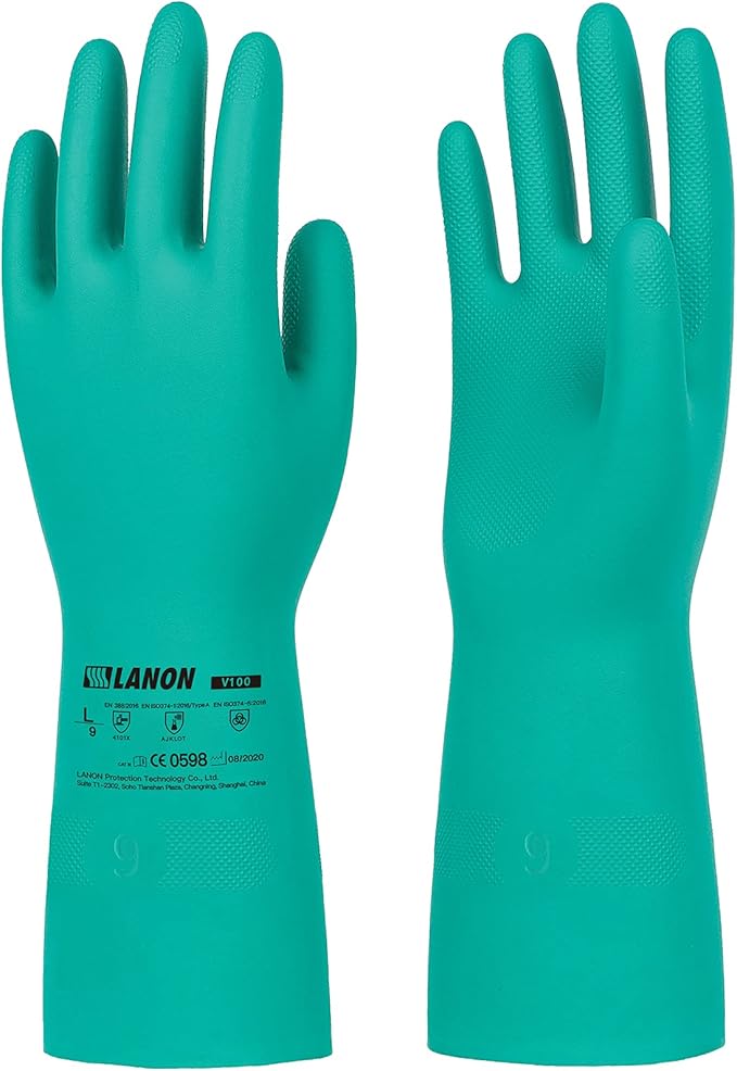 LANON 3 Pairs Nitrile Chemical Resistant Gloves, Reusable Heavy-Duty Rubber Gloves, Acid, Alkali & Oil Protection, Non-Slip, XL