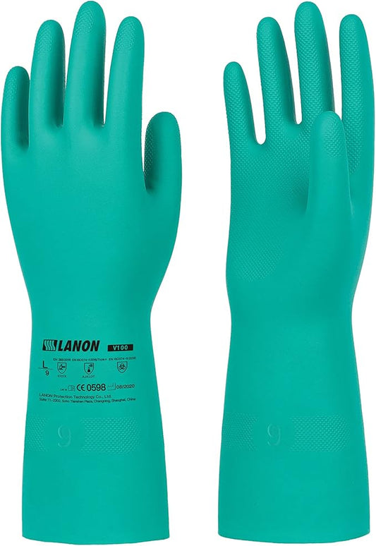 LANON 3 Pairs Nitrile Chemical Resistant Gloves, Reusable Heavy-Duty Rubber Gloves, Acid, Alkali & Oil Protection, Non-Slip, XL