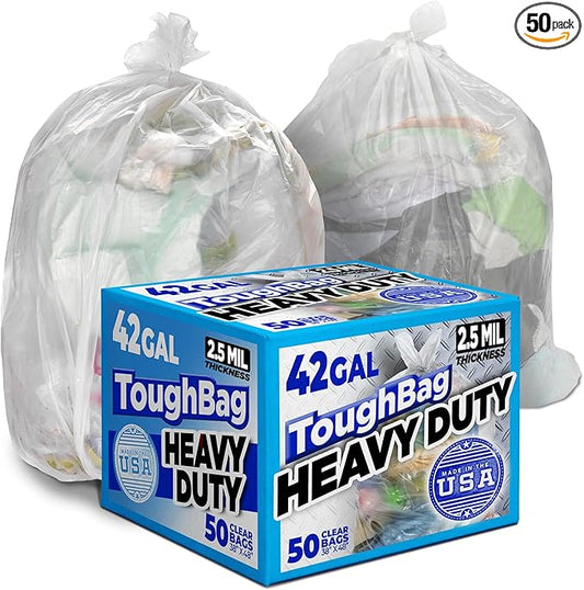 ToughBag 40-42 Gallon Trash Bags, 2.5 Mil Contractor Bags, Heavy Duty Large Trash Can Liners, Recycling Trash Bags, 33 x 48" (50 COUNT/CLEAR) - Made in USA