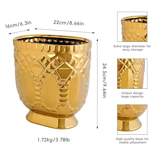 Modern Golden Trash Can, Ceramic Waste Container Garbage Receptacle Bin for Bathrooms, Powder Rooms, Kitchens - Stylish Wastebasket Garbage Can for Home & Office
