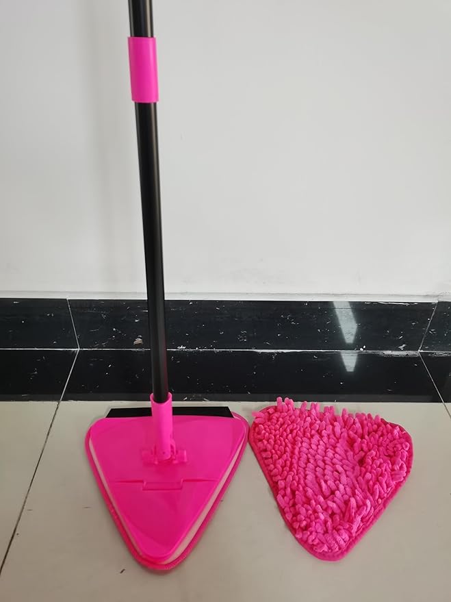 JEHONN Wall Mop with Long Handle 80 inches, Upgraded 180° Collapsible Baseboard Cleaner Tool with Squeegee, Ceiling Duster with 3 Microfiber and 3 Chenille Pads for Cleaning Window, Cabinet (Rose Red)