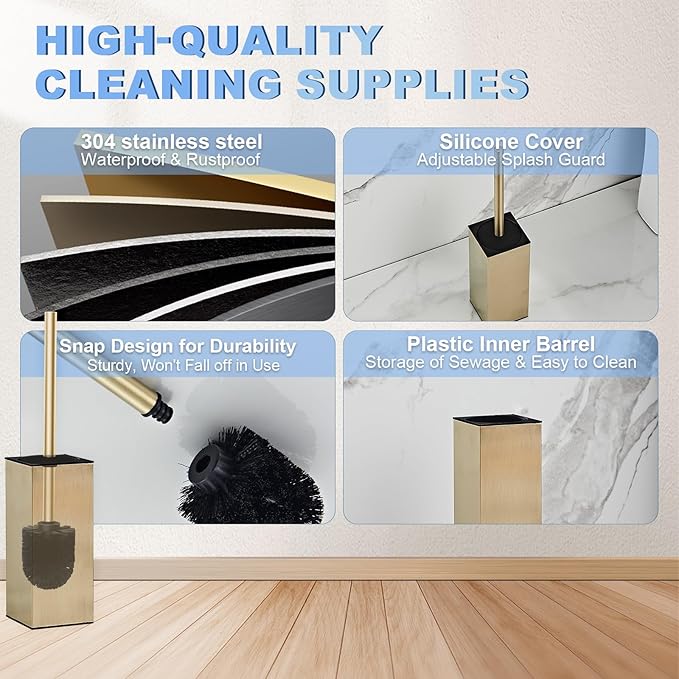 Toilet Brush and Holder Set, NEWRAIN Stainless Steel Toilet Brush with Long Brush Handle, Brushed Gold Toilet Scrubber and Covered Holder, Square Design Sturdy and Space Saving, Covered Brush