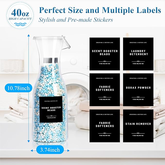 Laundry Detergent Dispenser Bottle 40oz with Waterproof Label for Detergent, Soap, Fabric Softener, Scent Booster Beads, Sturdy PET Bottle for Laundry Room Decor - 2 Pack Black