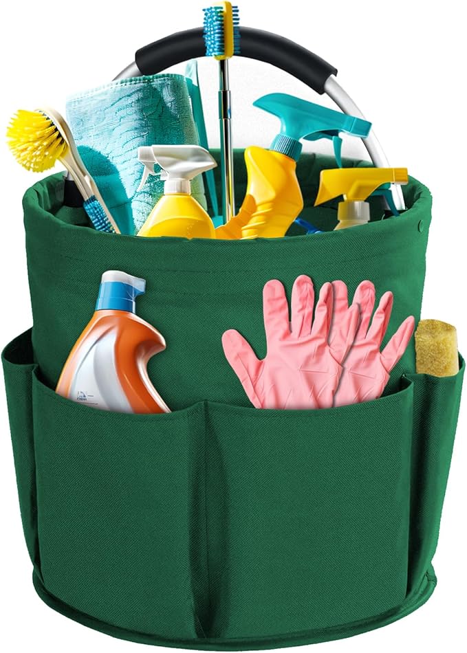 Cleaning Caddy with Handle, Cleaning Products Organiser, 17L Foldable Storage Basket, Cleaning Caddy Organiser, Portable Multi Cleaning Bucket Bag for Home, Garden (Green)