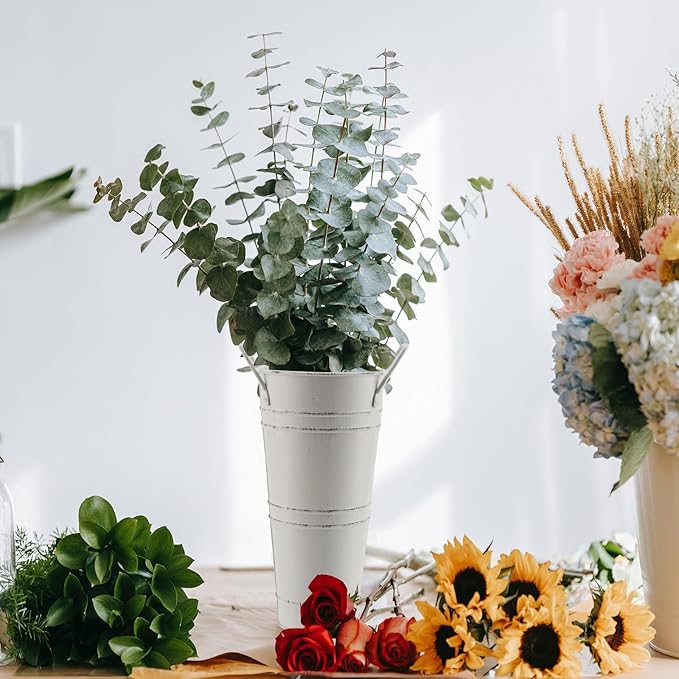 8 Pack 9 Inch Tall Galvanized French Flower Bucket, White Farmhouse Vintage Metal Vases with Handle for Flower Arrangements