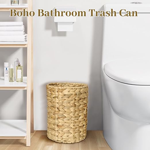 Boho Wicker Trash Can with Lid,Bathroom Trash Can with Trash Bags Hand Woven Water Hyacinth Trash Basket for Kitchen Bedroom Office