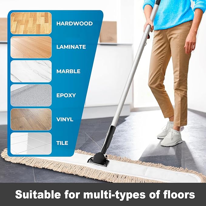 Commercial Dust Mop & Floor Sweeper，48" Industrial Dry Mop with Heavy Duty Long Handle, Premium Cotton Dust Mop Head for Hardwood Floors, Industrial, Commercial, and Residential Cleaning